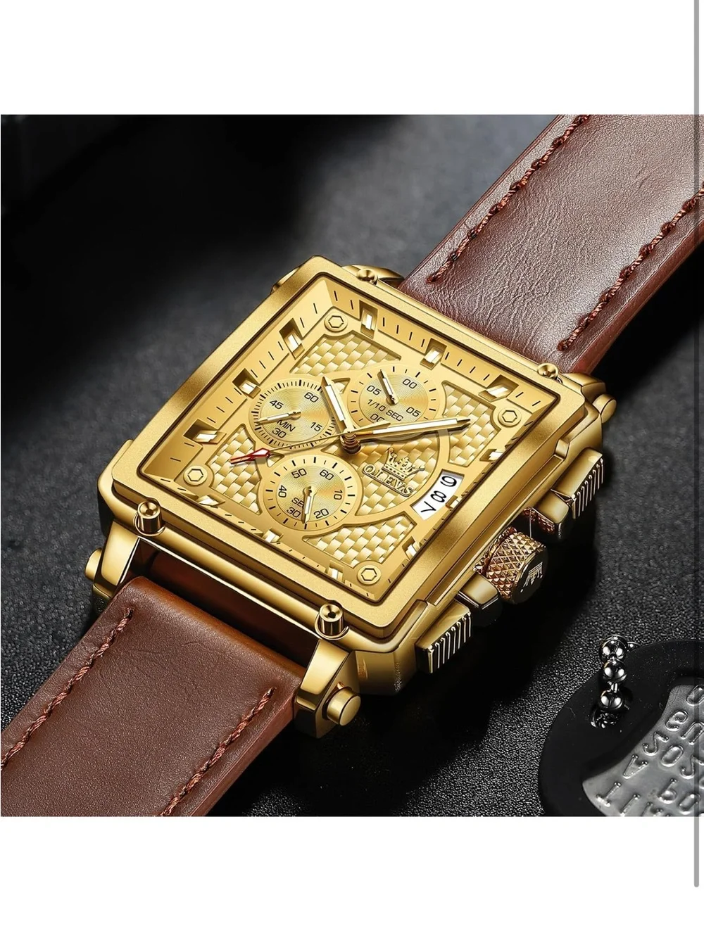 OLEVS Golden Square Chronograph Watch with Brown Leather Strap
